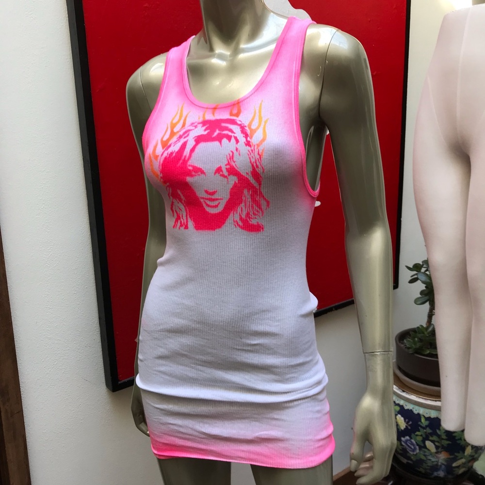 BRITNEY SPEARS FREED distressed ribbed graffiti soft tank top L - Picture 5 of 17